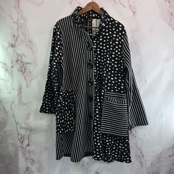 Vintage Coatigan Womens Large Black White Dot Artsy Sweater Cardigan Button Long - Picture 1 of 14